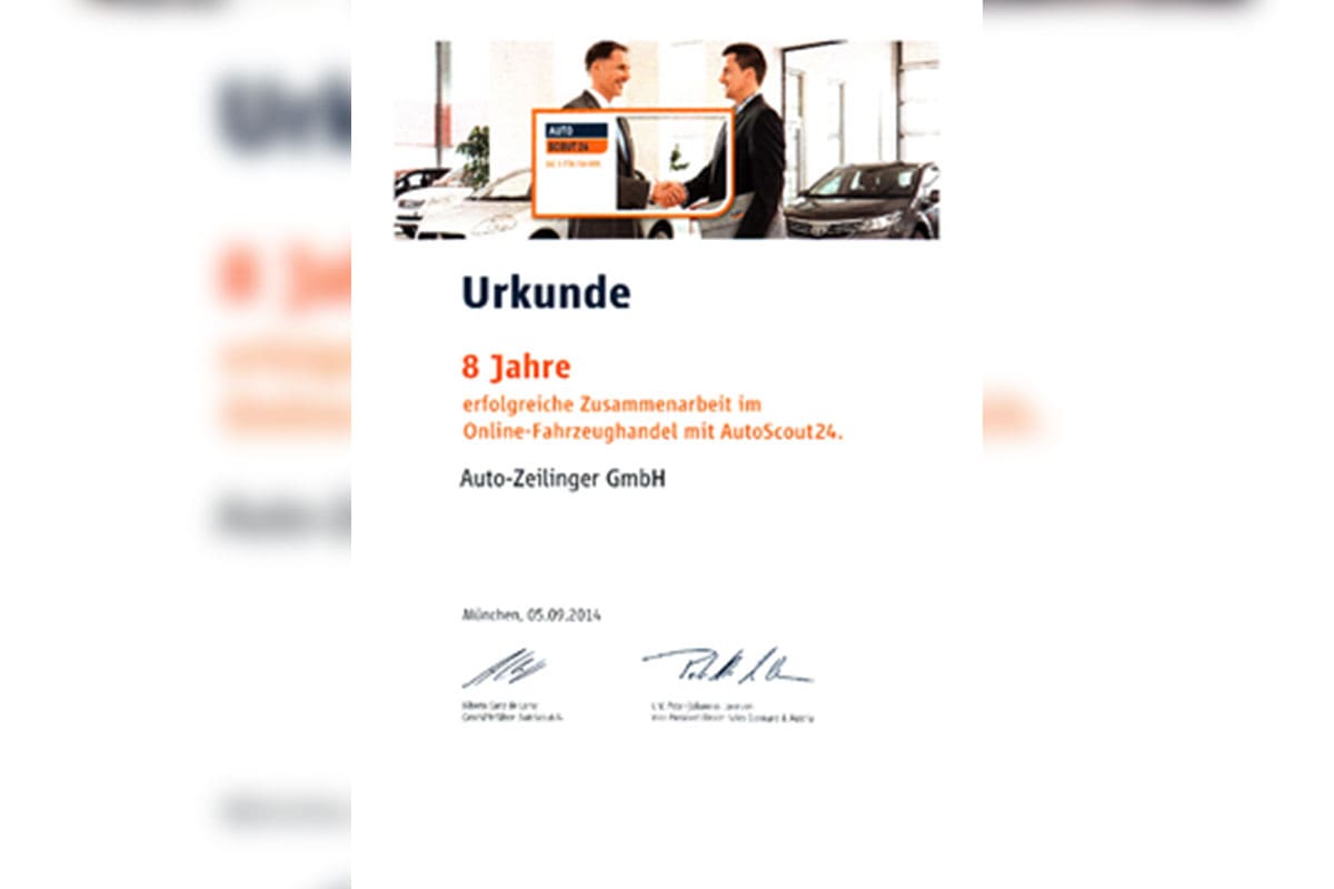 Urkunde über 8 Jahre Zusammenarbeit von Autoscout24 und Auto Zeilinger GmbH