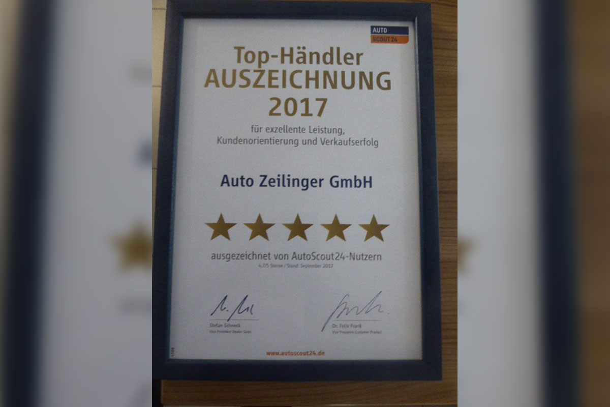 Auszeichnung 2017 für Auto Zeilinger GmbH von Autoscout24