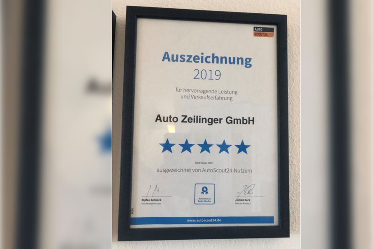 Auszeichnung von Autoscout24 für hervorragende Leistung und Verkaufserfolg 2019