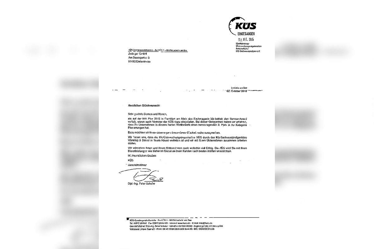 Gratulationsschreiben von KÜS für Auto Zeilinger GmbH