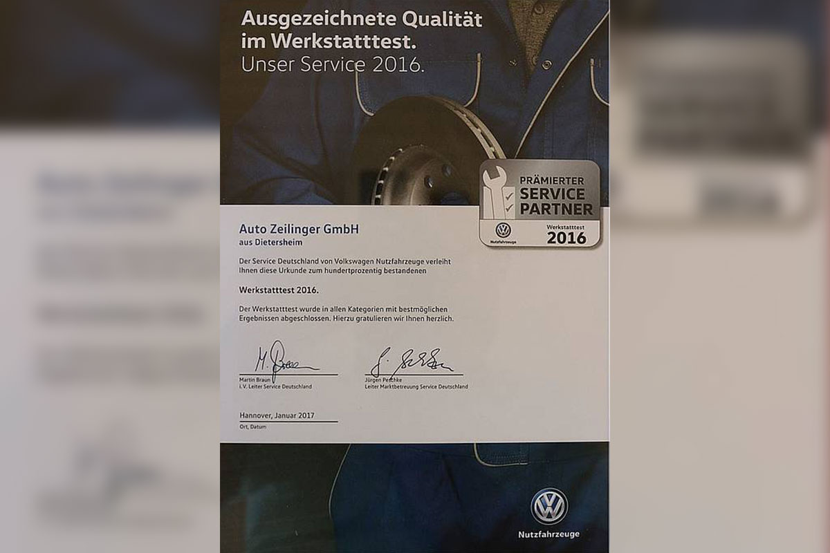 Ausgezeichnete Qualität im Werkstatttest 2016 - Auto Zeilinger GmbH