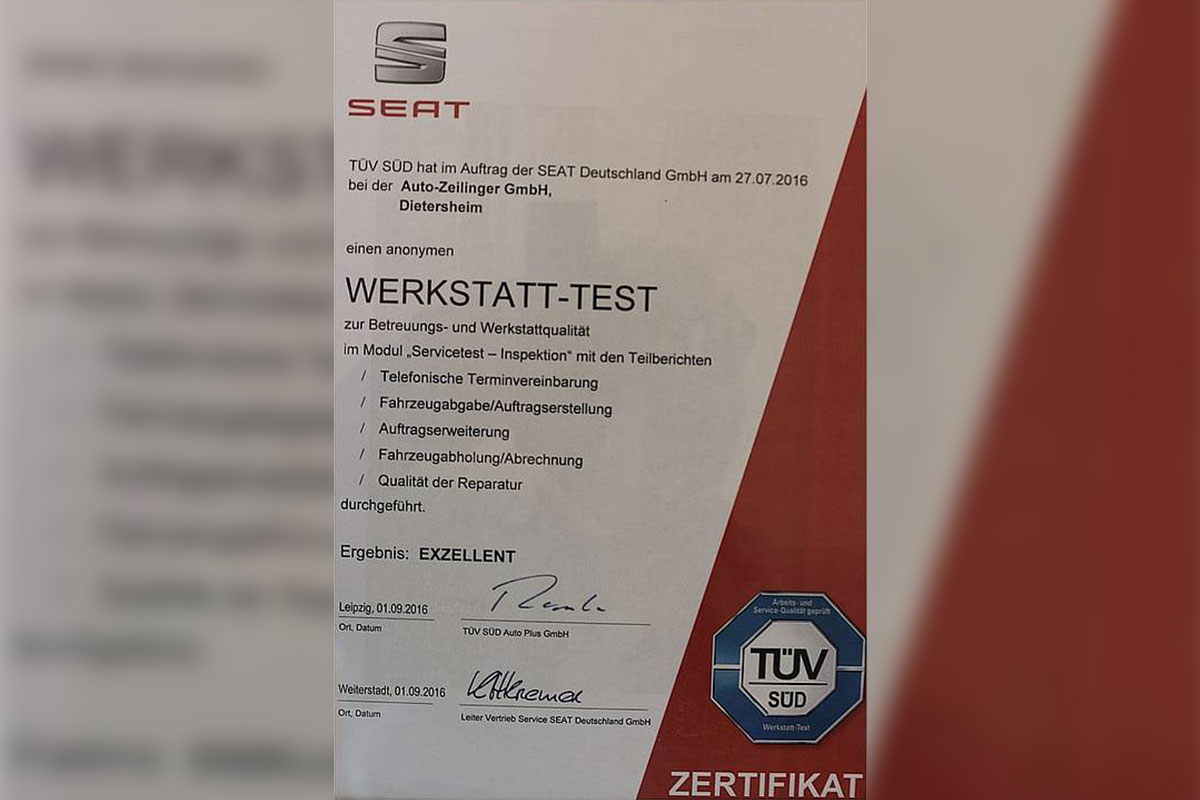 Seat Werkstatt-Test bei Auto Zeilinger GmbH 2016