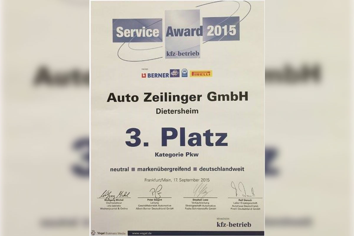Serviceaward 2015 für Auto Zeilinger GmbH