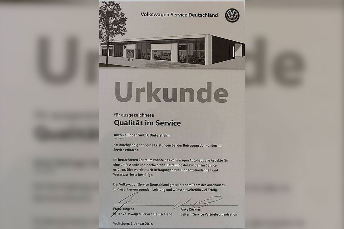 Urkunde für ausgezeichnet Qualität im Service für Auto Zeilinger GmbH