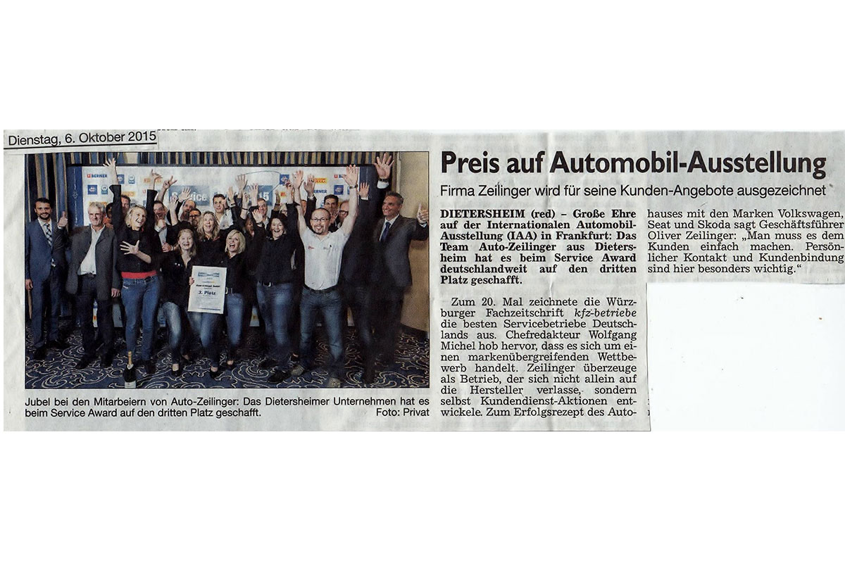 Zeitungsbericht über Auto Zeilinger GmbH - Windsheimer Zeitung 2015